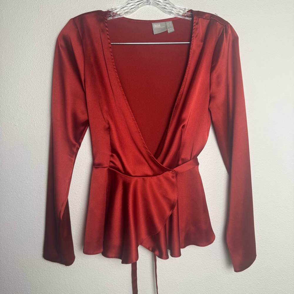 ASOS Vibrant Red wrap satin style shirt blouse Top